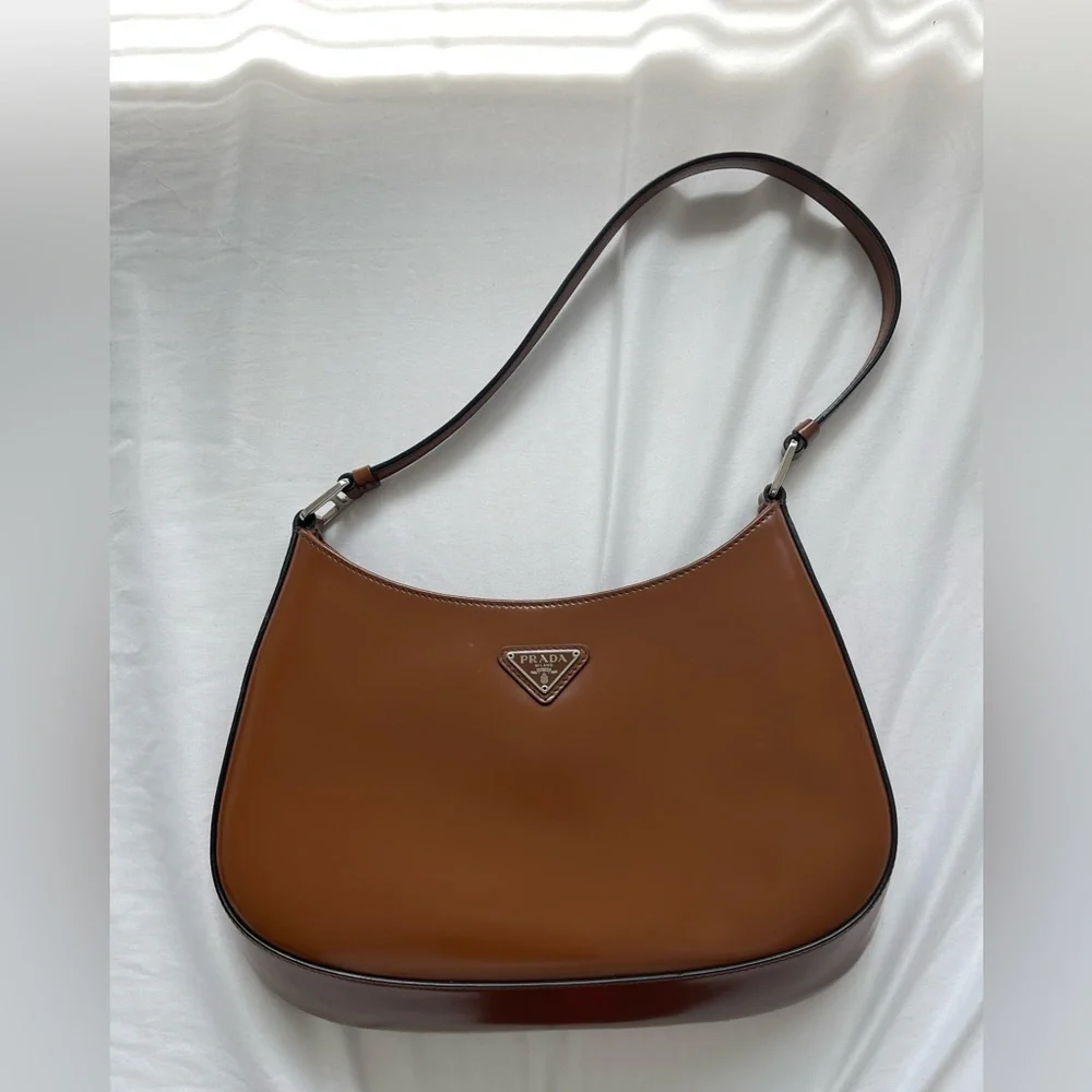 Cleo Brushed Leather Prada Shoulder Purse Prada Cleo Brushed Leather Shoulder Bag, Women, Tobacco